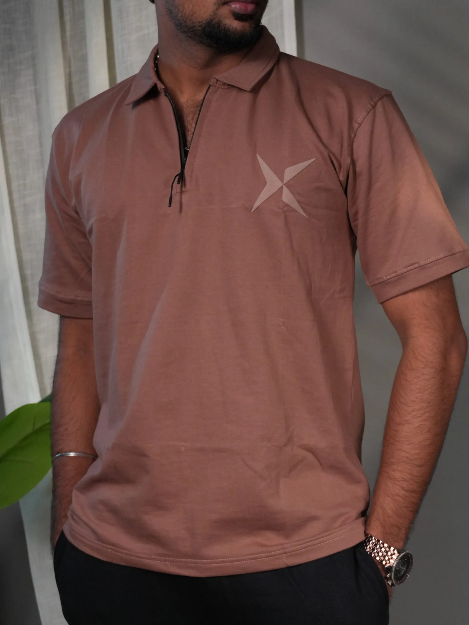 Man Wearing Brown Polo T-Shirt