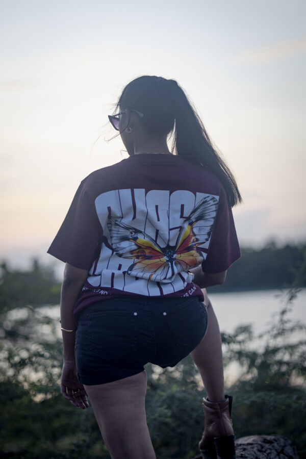Woman standing by a lakeside at sunset wearing a maroon oversized t-shirt with a vibrant butterfly print and "CHASE DREAMS" text on the back.